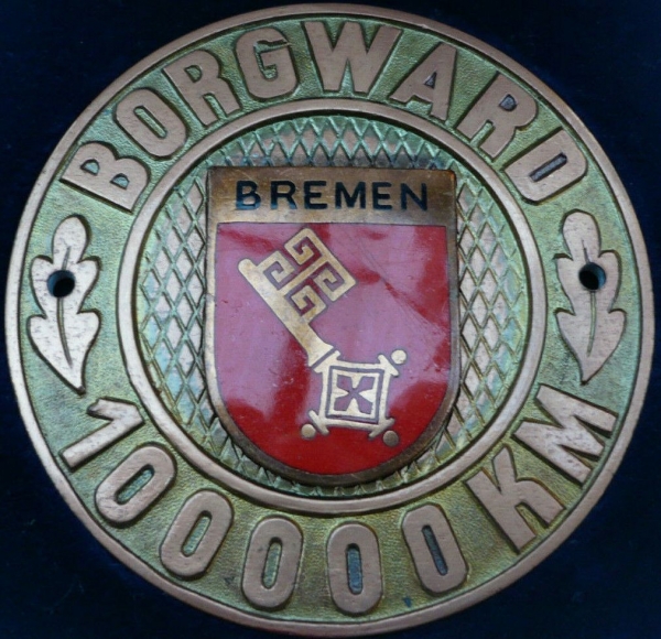 Borgward 100.000 km plate 1958  Bremen brass enamelled in original box (0425)